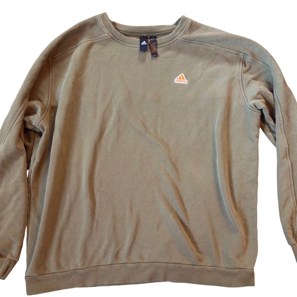 Adidas Mens Olive Green Crewneck Sweatshirt Ribbed Shoulder Detail Orange Logo L